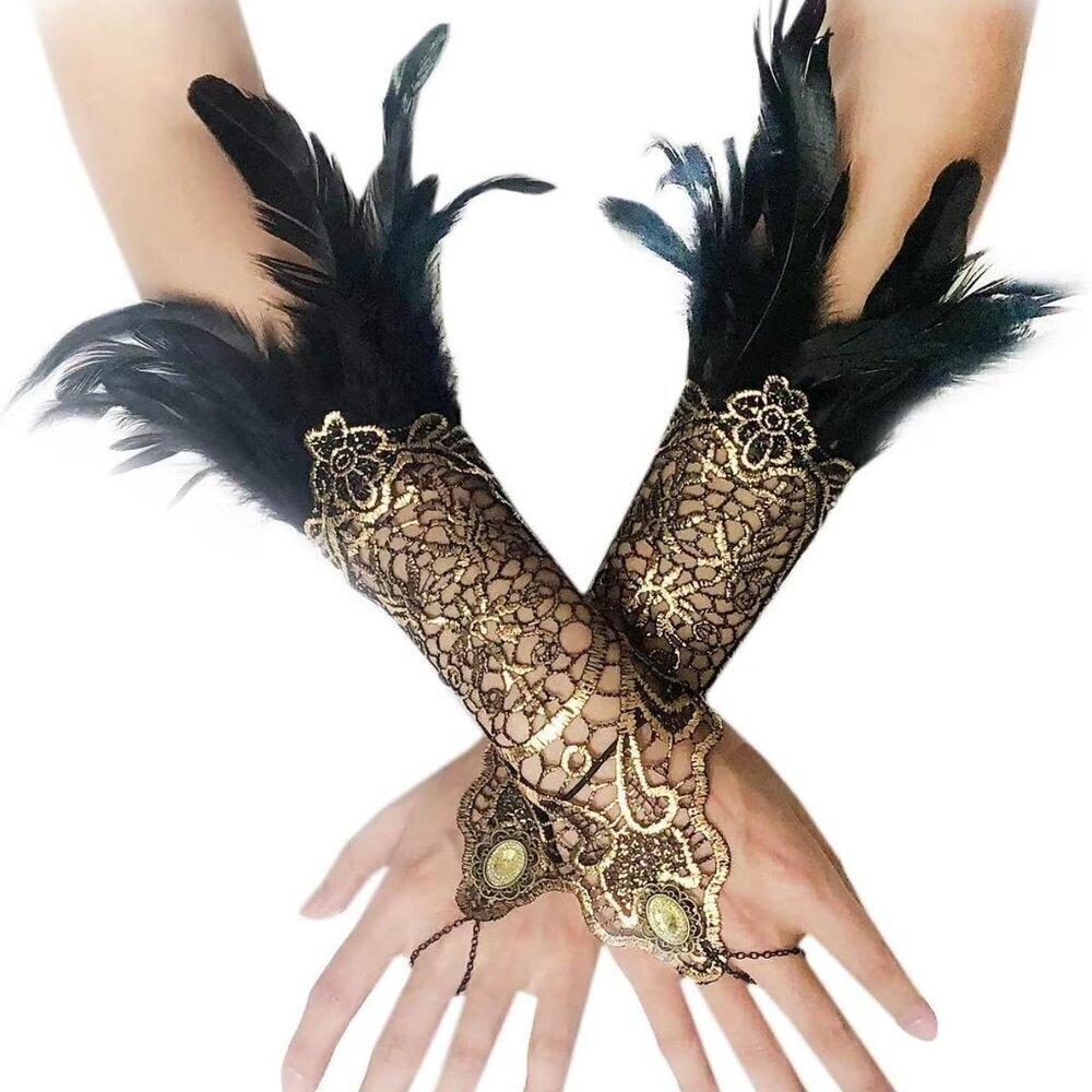 Women's Gothic Lace Feather Fingerless Gloves Wedding Halloween Costume Accessor